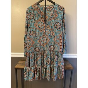 Paani Boho Bohemain Style Dress Tiered Paisley Blue Orange Black Gold Sz Medium